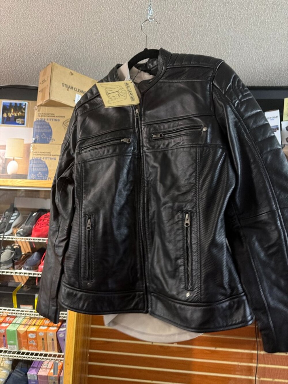 Mens Black Real Leather Moto Jacket Quilted NWT Size Medium